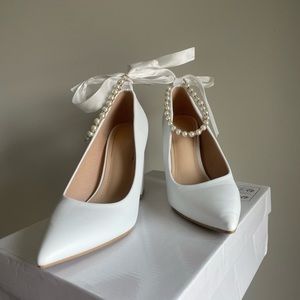 White Block Heel Pumps with Pearl Ankle Ribbon